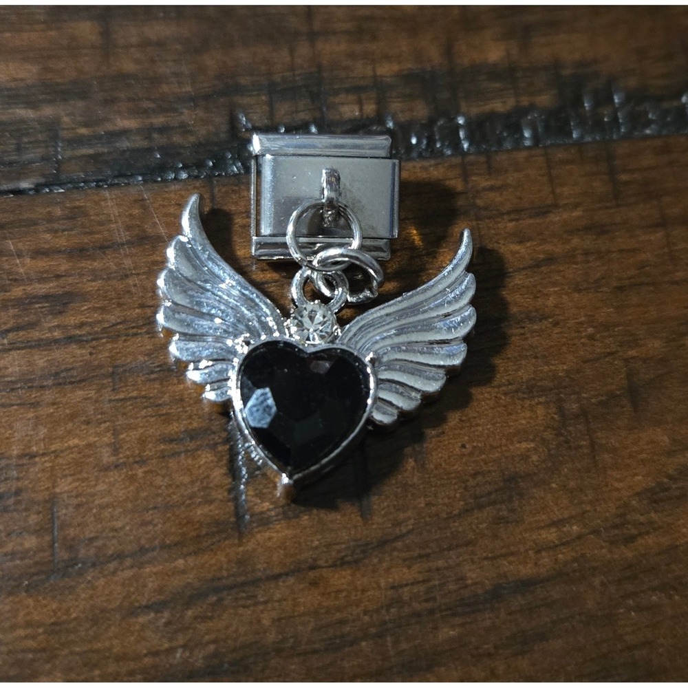 Black Heart Angel Wings Italian Charm Stainless Steel 9mm Dangle Link Jewelry